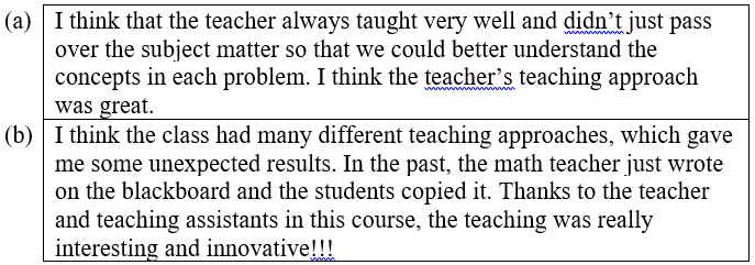 Two examples of student's satisfaction with the three-stage teaching method were described
       in the teaching effectiveness evaluation