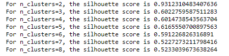 Silhouette scores of potential number of clusters