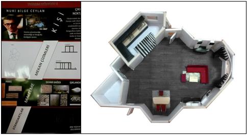 Consistency of colors used in mood board (left) and model(right) showing final decisions of colors in the space. (Design Studio II 2013-2014 / Akdeniz University FFA)