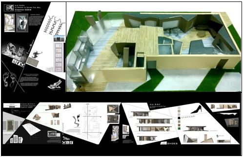 Consistency of shapes used in the mood board (upper left), model (upper right) and final presentation plate (down) (Design Studio II 2013-2014 / Akdeniz University FFA)