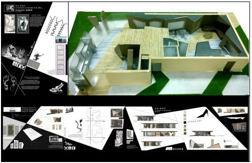 Consistency of shapes used in the mood board (upper left), model (upper right) and final presentation plate (down) (Design Studio II 2013-2014 / Akdeniz University FFA)