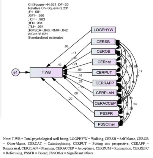 Structural model for contribution of cognitive emotion regulation, social support, and physical activity components on psychological well being