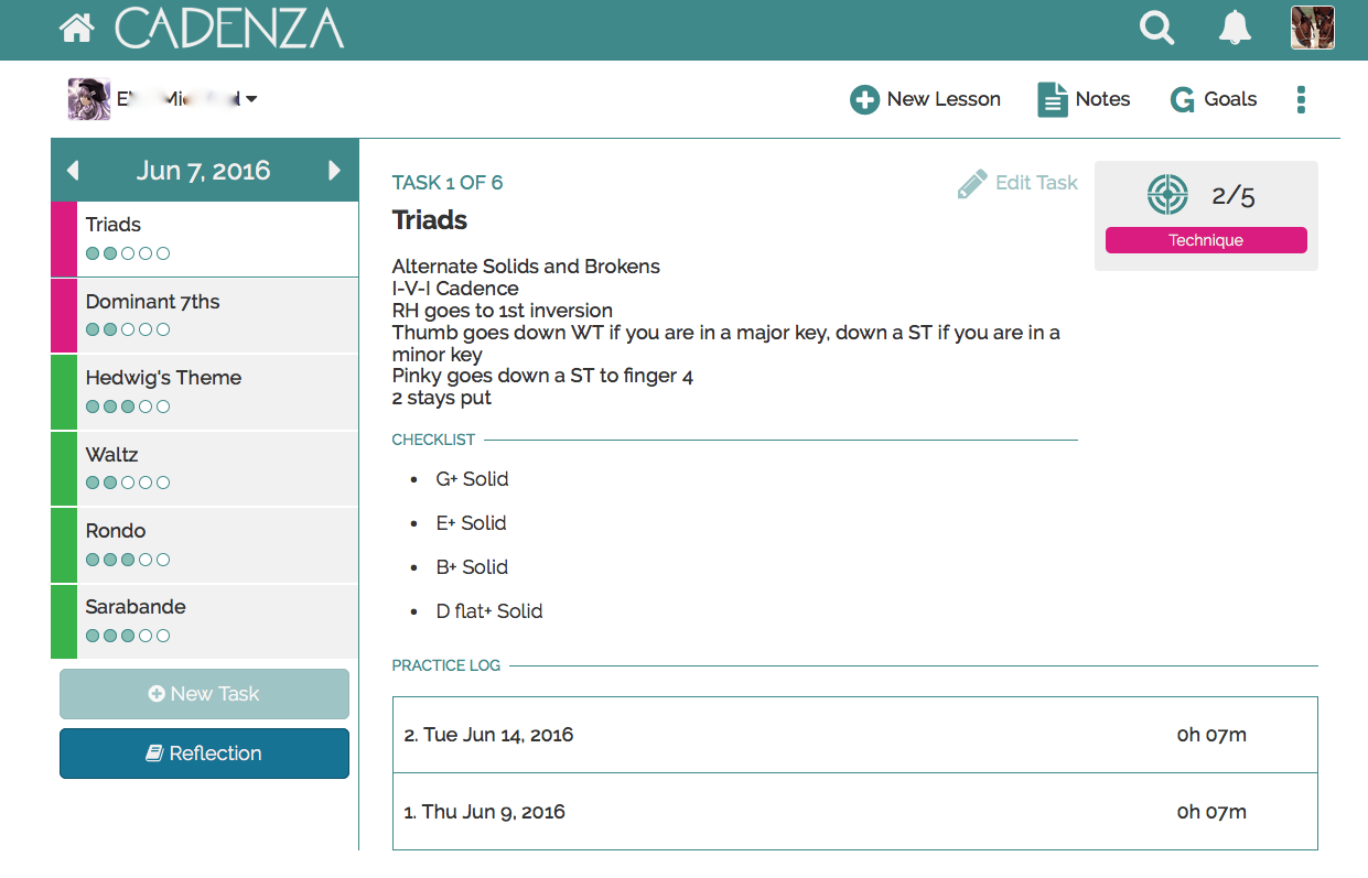 Teacher view showing task description, checklist, targets, and practice logs of a student mid-week